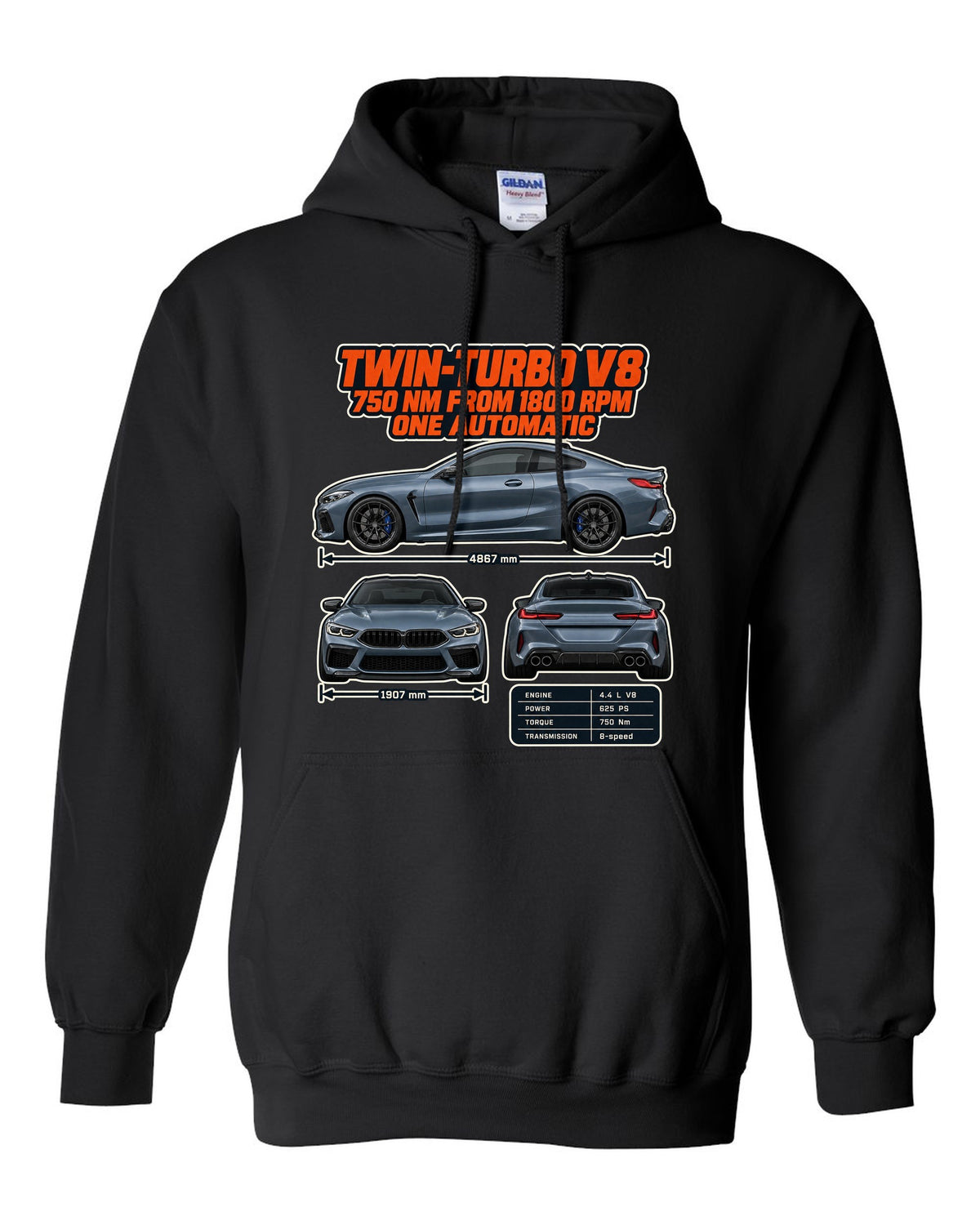 BMW M8 Competition Coupe F92 three-view and spec table print on a tee black pull over hoodie front view with the design