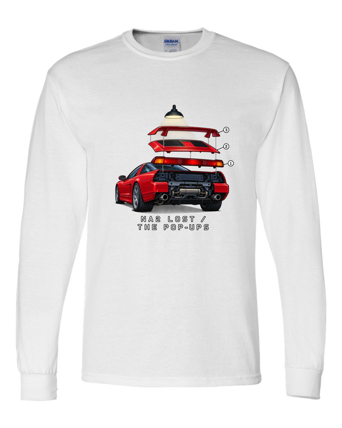 Isometric exploded taillight diagram of a 2002 Honda NSX NA2 with NA2 Lost The Pop-Ups lettering white long sleeve front view with the design