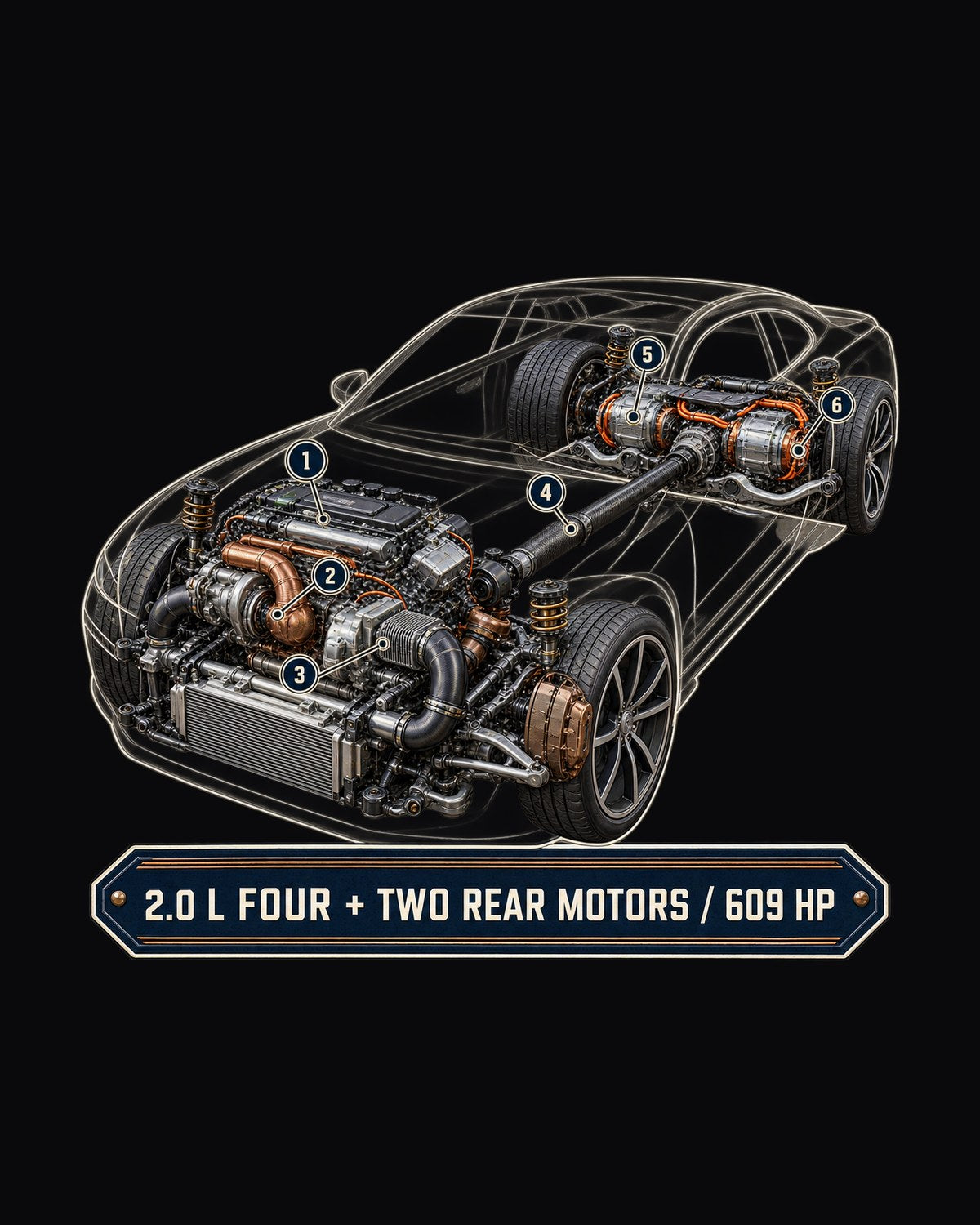Polestar 1 Hybrid Drivetrain Shirt, Four Plus Two Motors design only