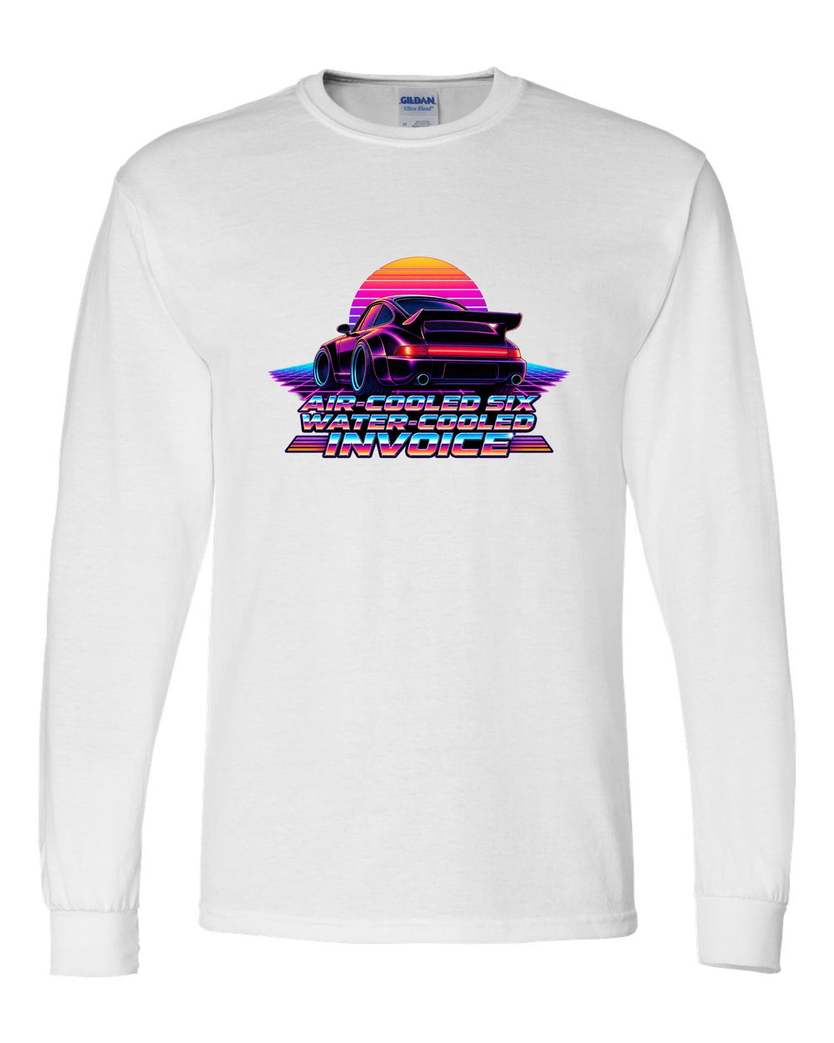 Synthwave gradient print of a Porsche 911 Turbo 964 with air-cooled six water-cooled invoice lettering white long sleeve front view with the design
