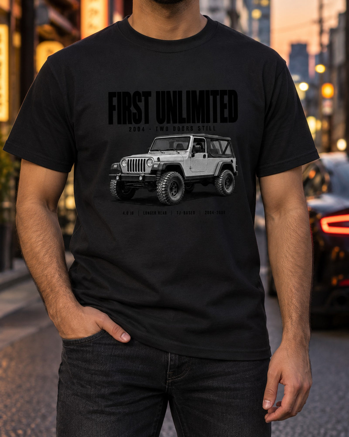 Jeep Wrangler LJ Unlimited Halftone Shirt, 2004-2006 T-Shirt Black worn hero