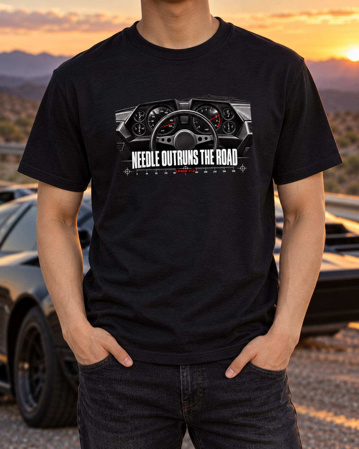 Countach LP400 Cockpit Gauge Shirt, Needle Outruns The Road T-Shirt Black worn hero