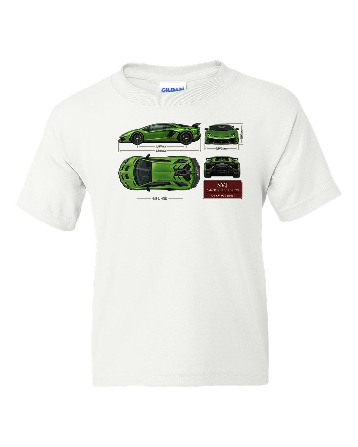 Dimension blueprint print of the Lamborghini Aventador SVJ with Nurburgring lap time white kids tee front view with the design