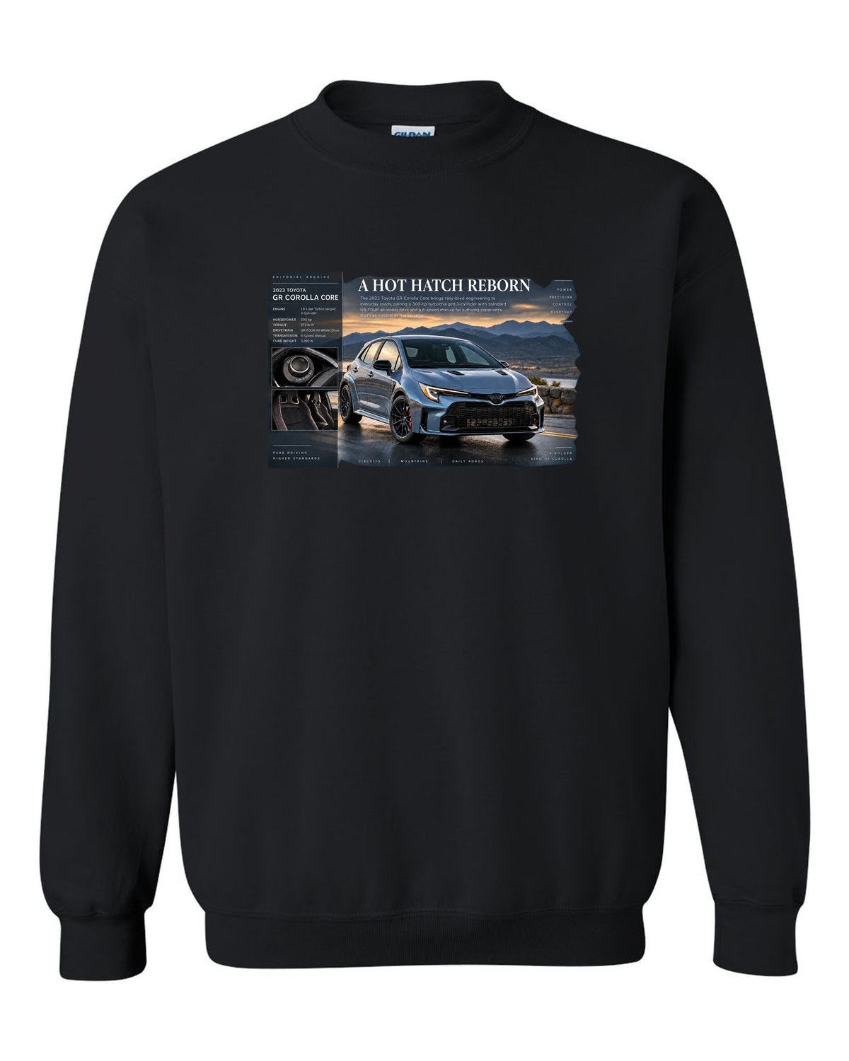 Toyota GR Corolla Core 2023 front three-quarter archive panel black crewneck front view with the design