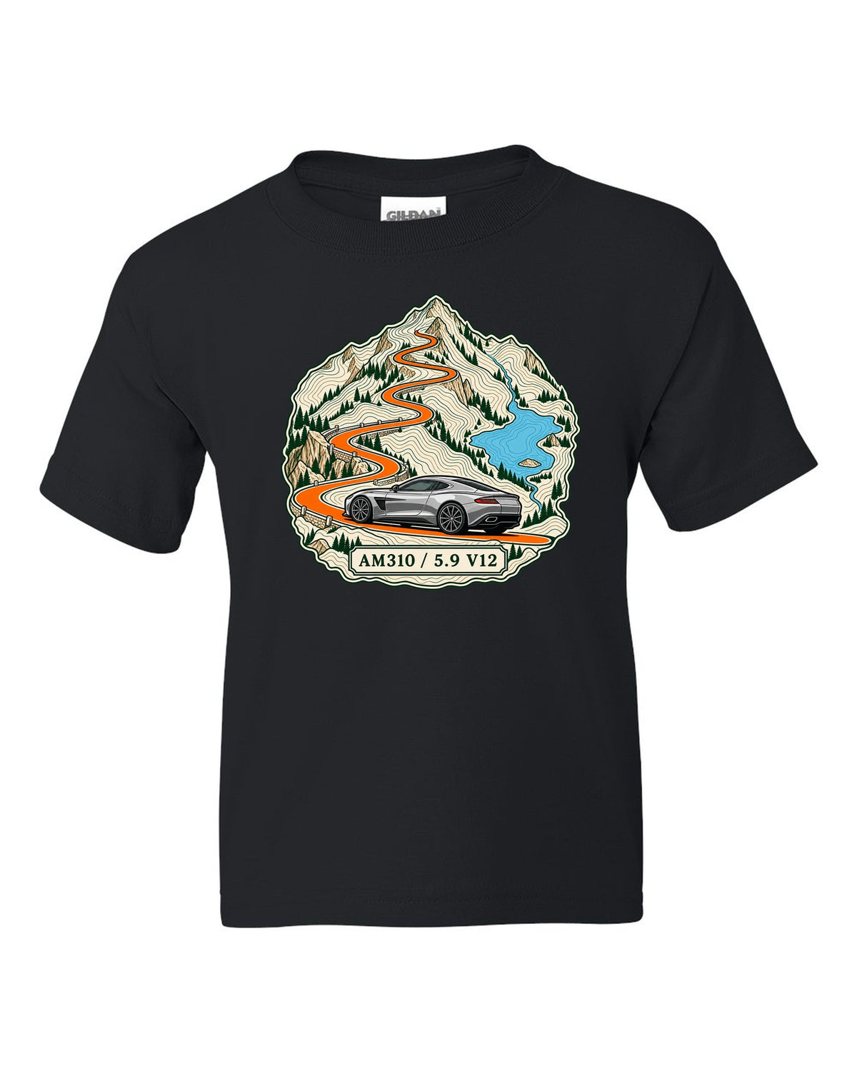 Topographic ridge route map print for the 2012 Aston Martin Vanquish AM310 with 5.9 V12 lettering black kids tee front view with the design