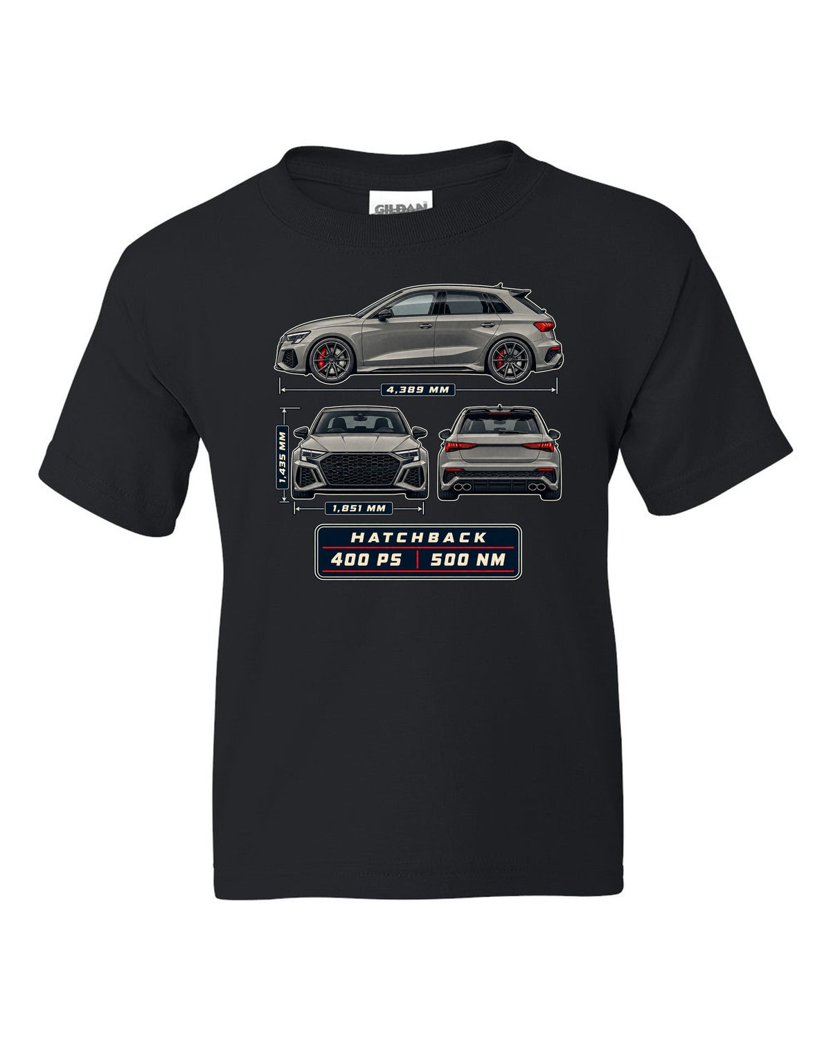 Three-view drawing and spec table of the Audi RS3 8Y Sportback black kids tee front view with the design