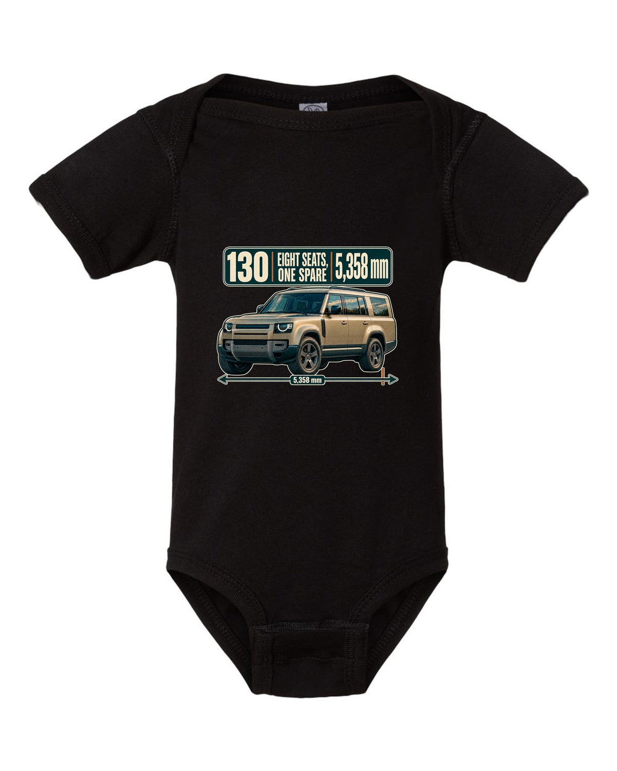 Editorial headline print for the Land Rover Defender 130 L663 with eight seats and length black baby onesie front view with the design