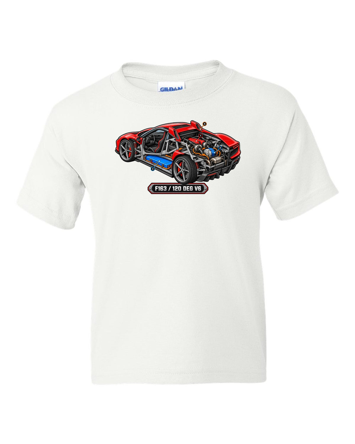 Isometric cutaway diorama of the Ferrari 296 GTB hybrid V6 engine white kids tee front view with the design