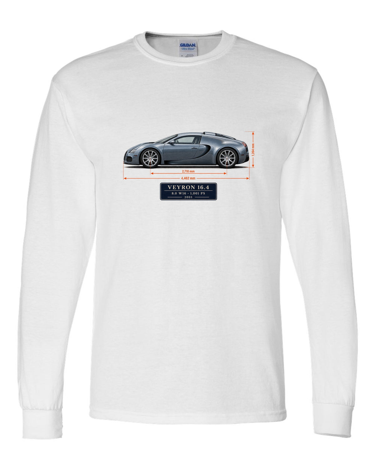 Bugatti Veyron 16.4 dimension blueprint print with size and engine specs white long sleeve front view with the design