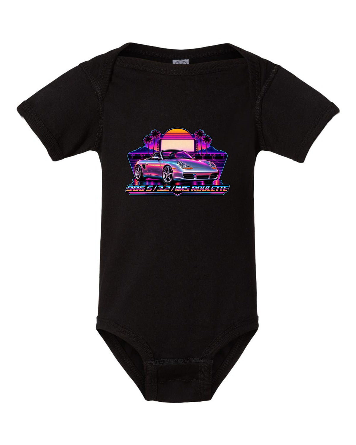 Porsche 986 Boxster S synthwave outrun design with IMS roulette lettering black baby onesie front view with the design