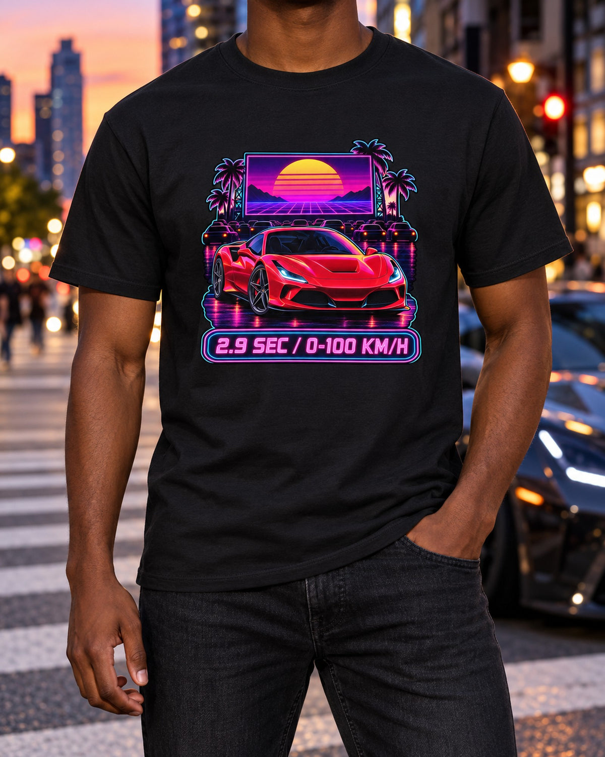 Ferrari F8 Tributo Drive-In Night Synthwave Shirt T-Shirt Black worn hero
