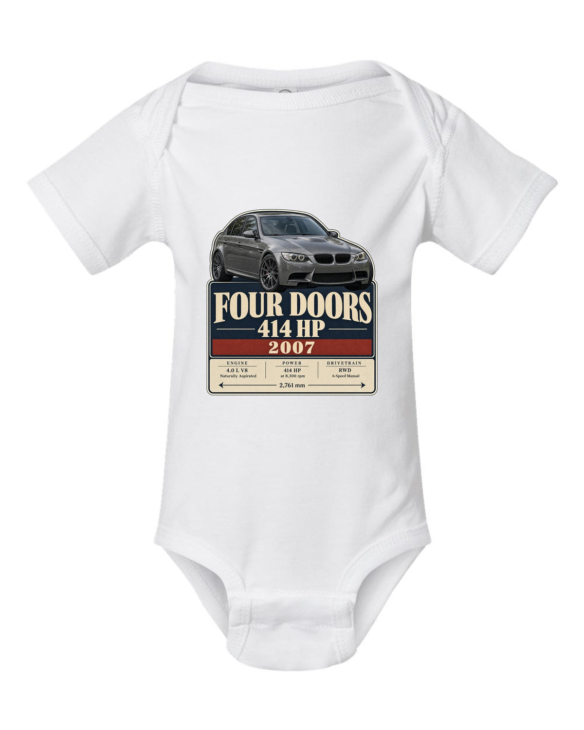 BMW M3 E90 saloon archive panel print white baby onesie front view with the design