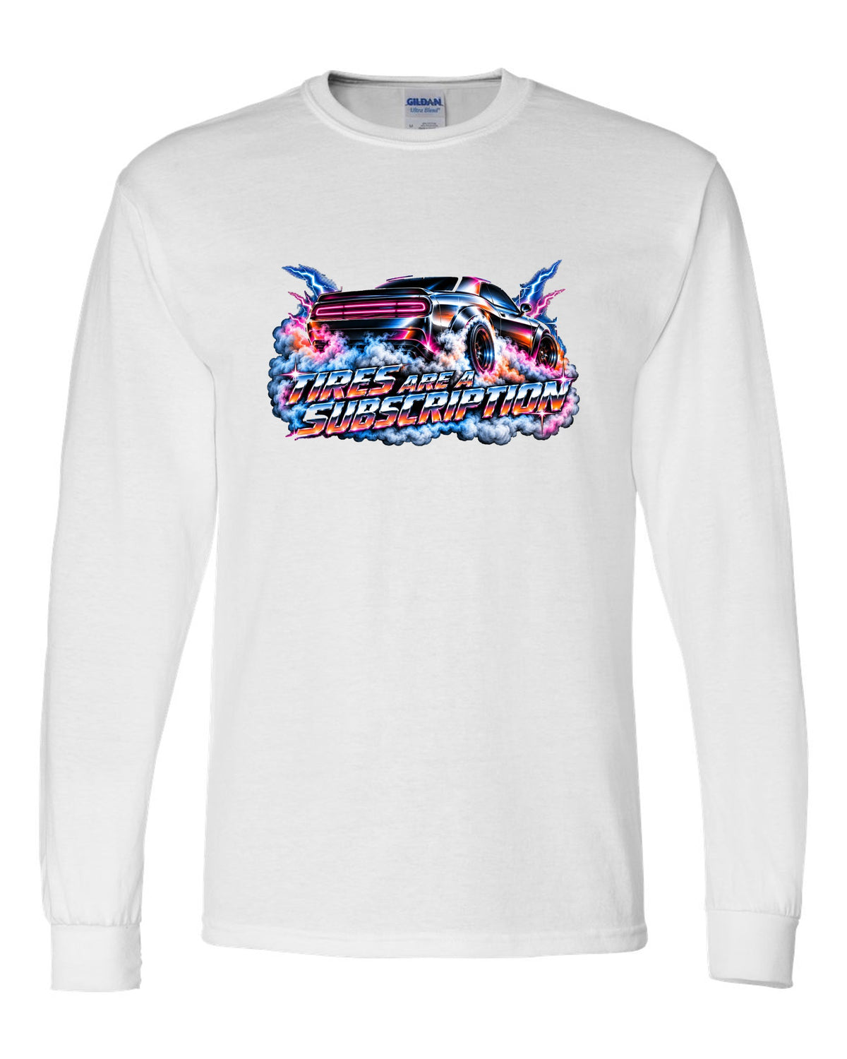 80s airbrush chrome illustration of a 2020 Dodge Challenger Scat Pack 392 Widebody doing a burnout white long sleeve front view with the design