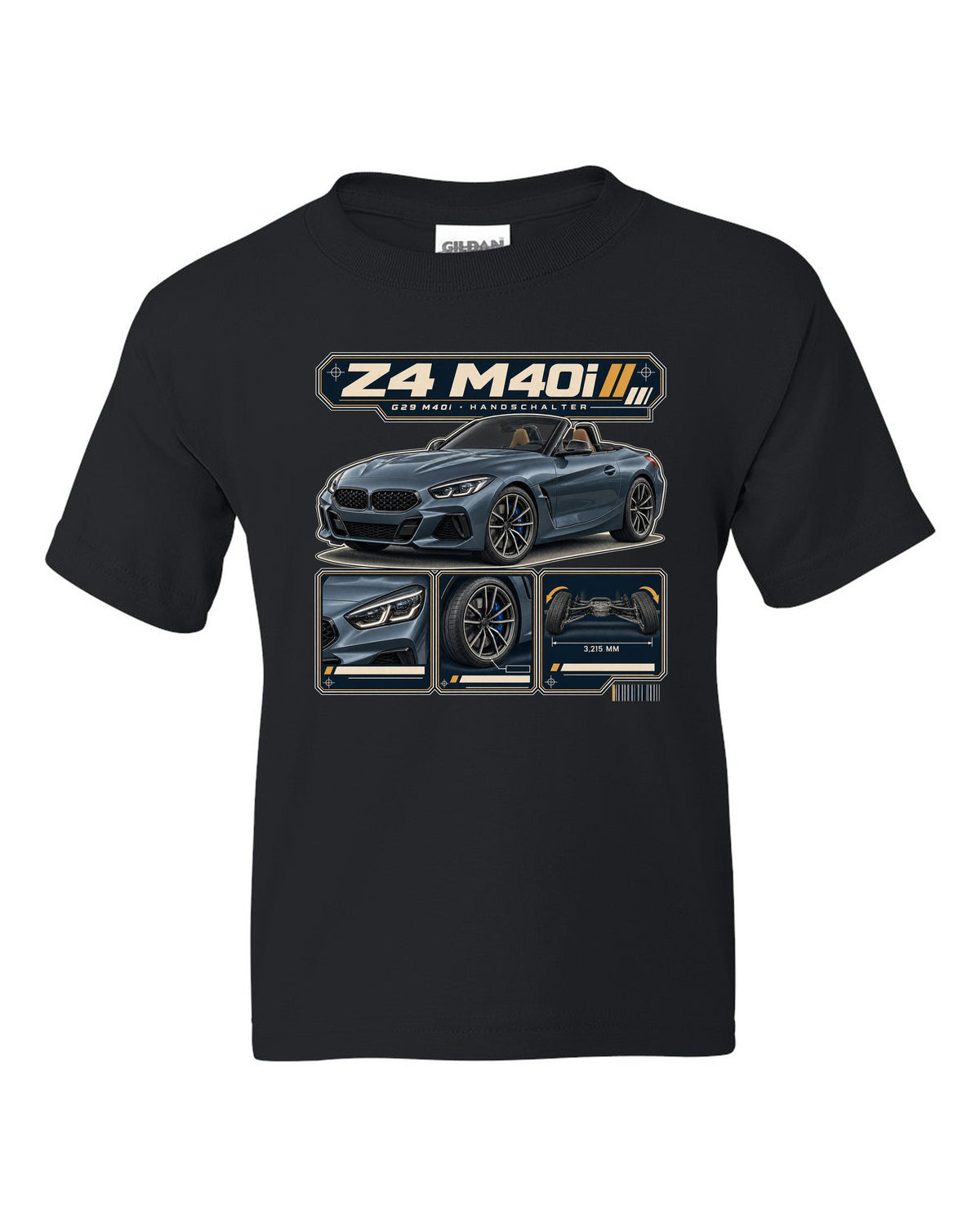 Dossier panel print of the BMW i7 M70 G70 noting rear wheel steering black kids tee front view with the design