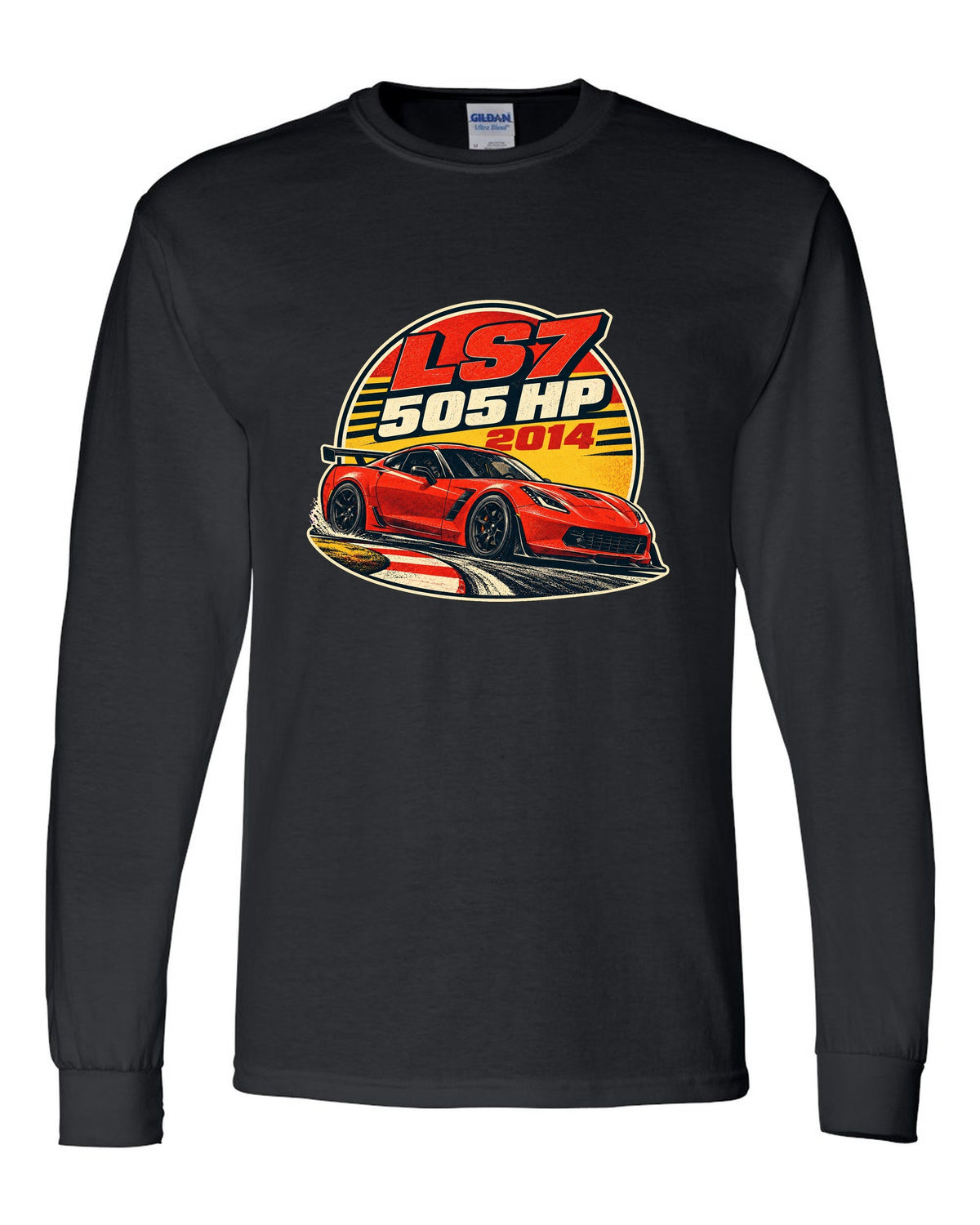 2014 Chevrolet Camaro Z/28 LS7 vintage race poster print with 505 HP text black long sleeve front view with the design