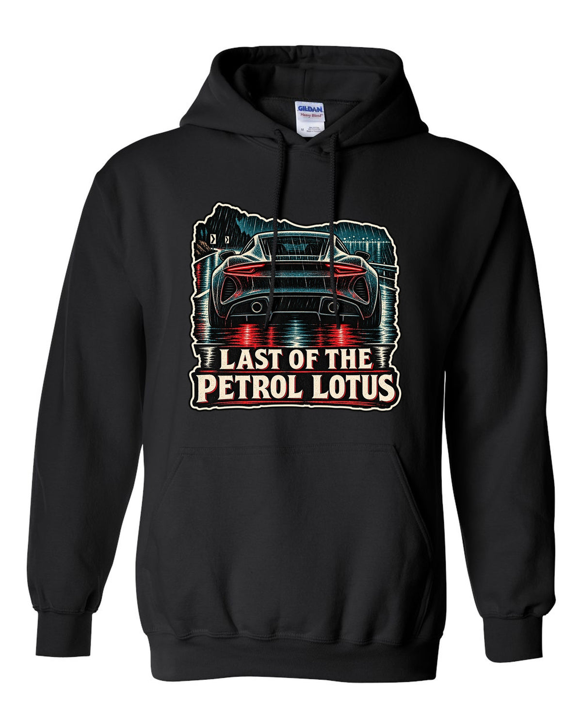 Lotus Emira in linocut woodcut style with LAST OF THE PETROL LOTUS lettering black pull over hoodie front view with the design
