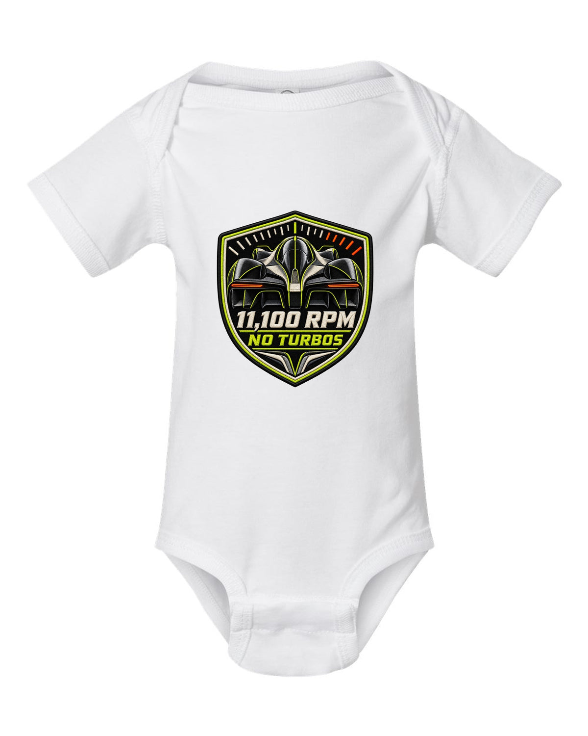 Embroidery-style varsity print for the Aston Martin Valkyrie with 11,100 rpm and no turbos lettering white baby onesie front view with the design