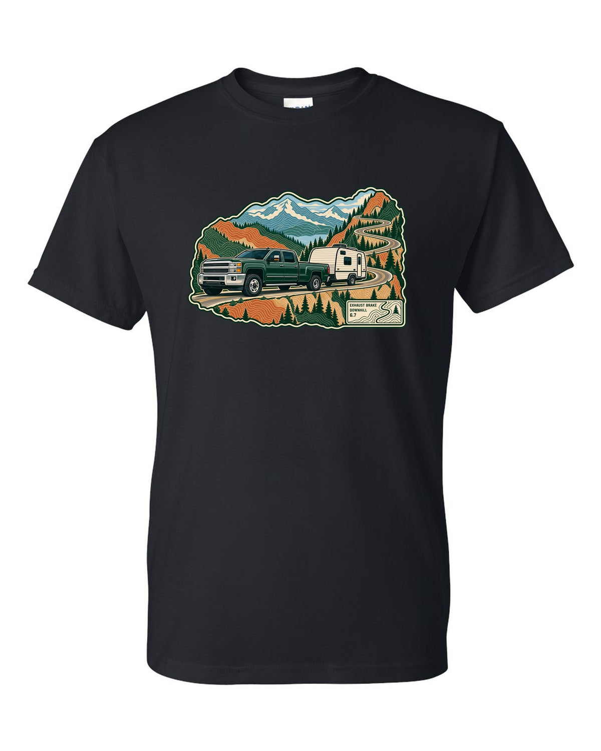 Topographic mountain pass print with a 2010-2018 Ram 2500 6.7 Cummins towing a camper black t-shirt front view with the design