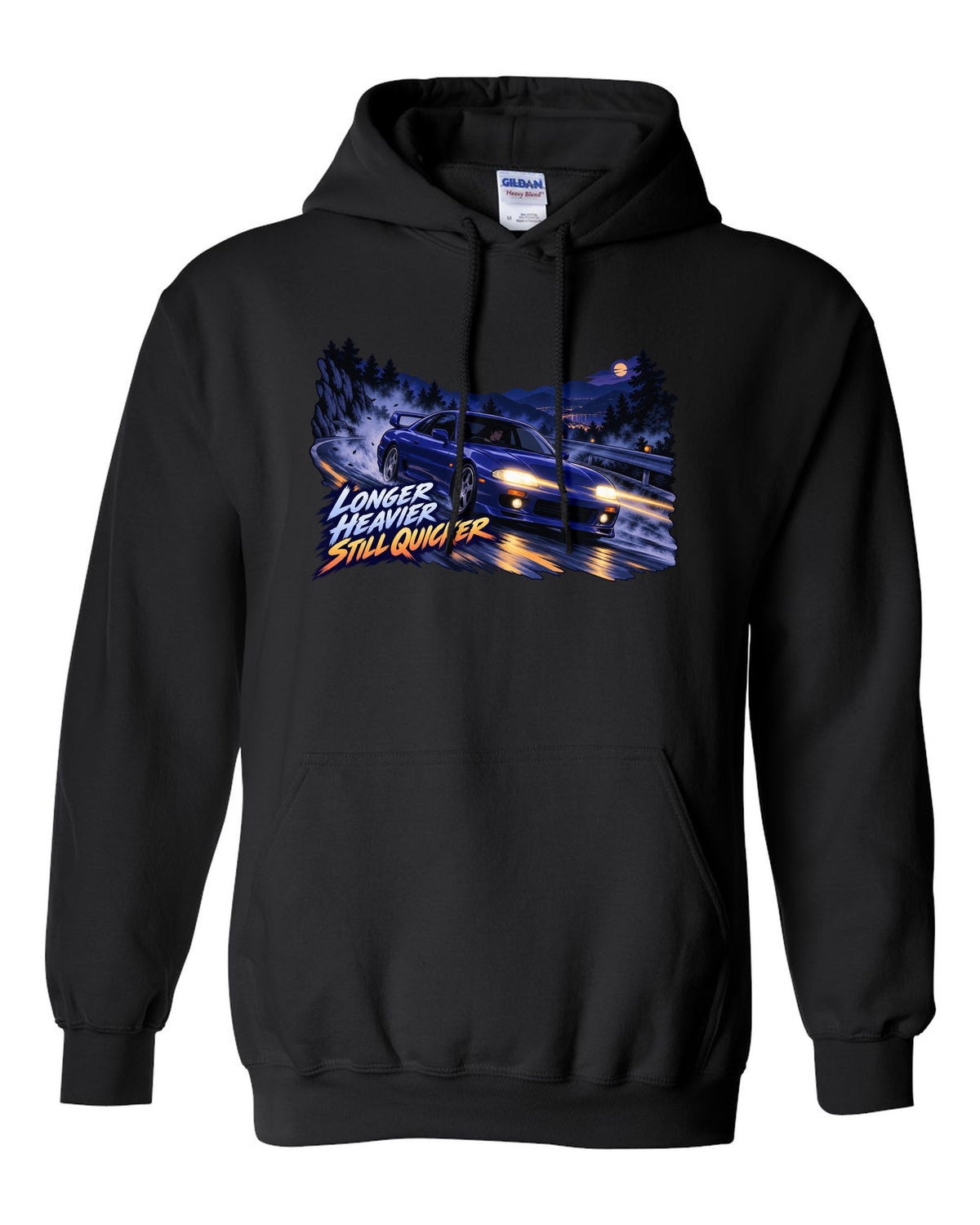 Cel-shaded 90s anime night touge print of a Nissan Skyline GT-R BCNR33 with longer heavier still quicker lettering black pull over hoodie front view with the design