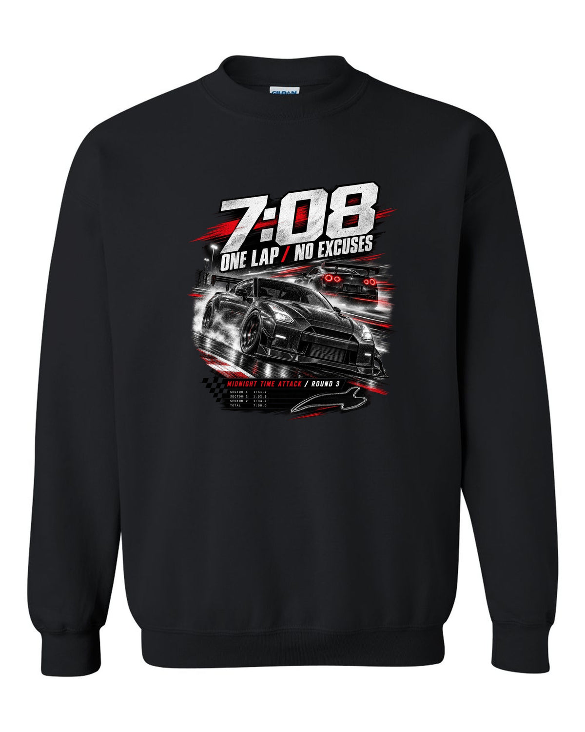 Race poster of a Nismo-style Nissan GT-R R35 with 7:08 one lap and Midnight Time Attack lettering black crewneck front view with the design