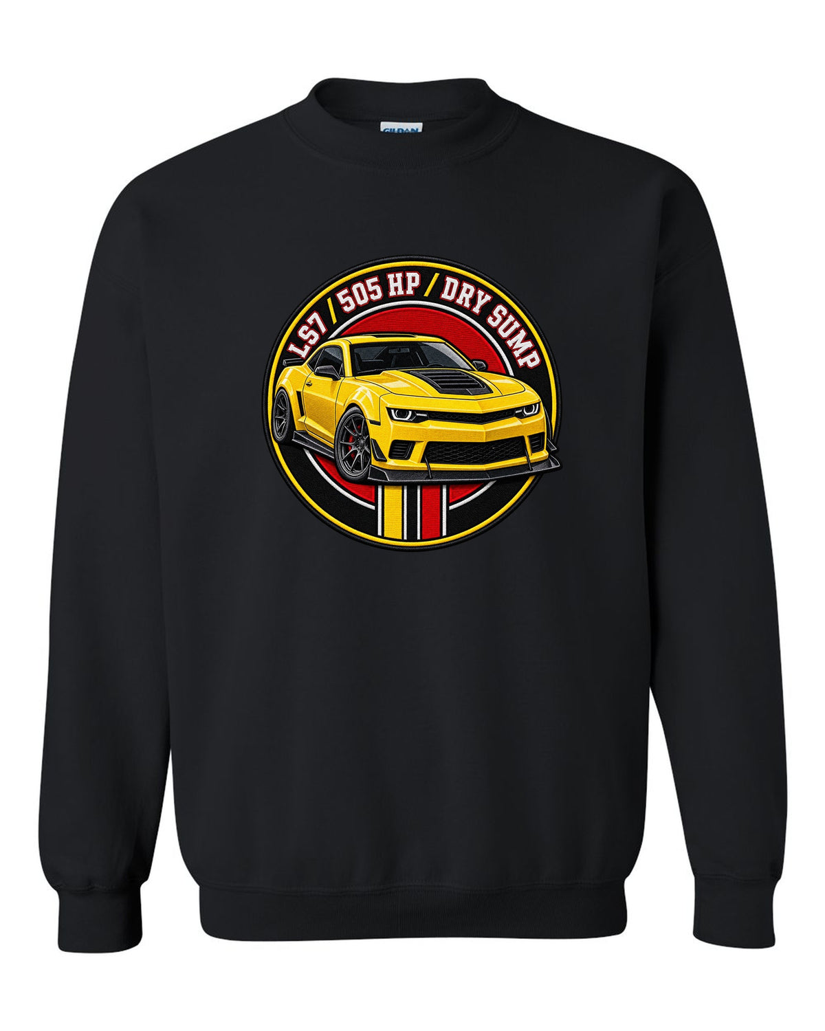 2014 Camaro Z/28 in a varsity crest design with text LS7 505 HP Dry Sump black crewneck front view with the design