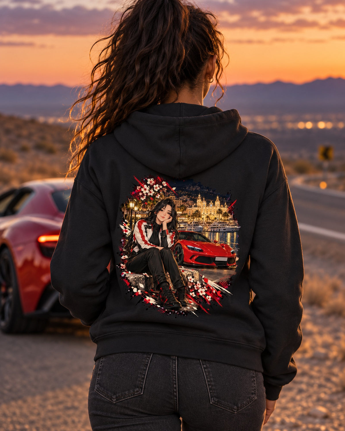 Ferrari 296 GTB Anime Girl Shirt, Hoodie & More Zip Hoodie Black worn hero