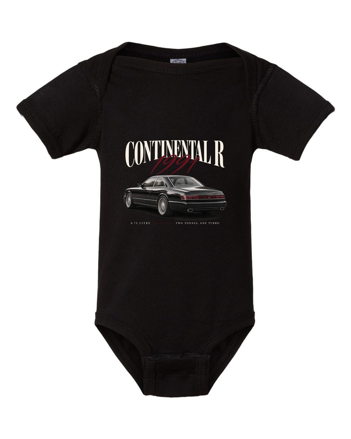 Bentley Continental R editorial headline print black baby onesie front view with the design