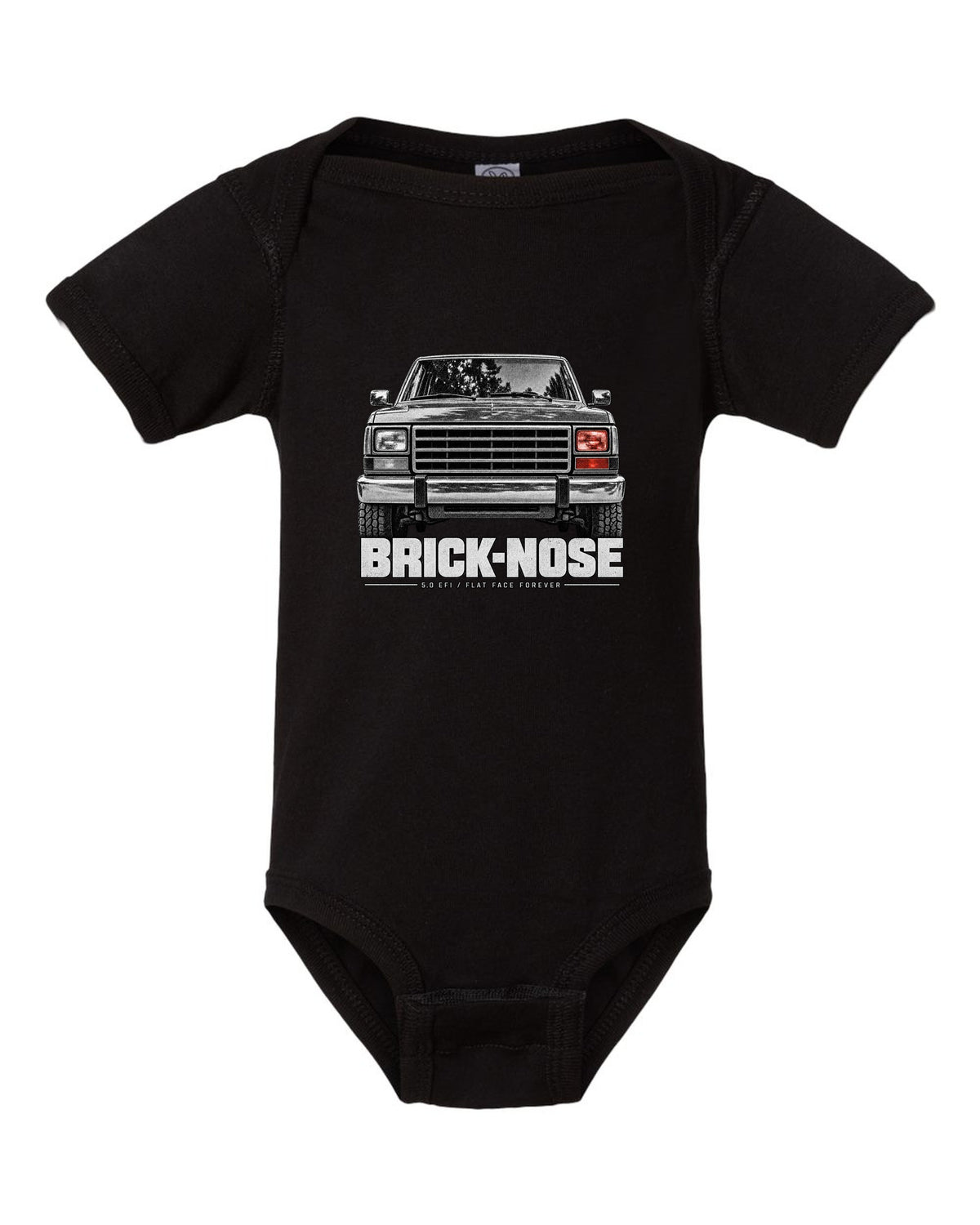 Ford Bronco Brick-Nose 1987-91 taillight macro print with 5.0 EFI text black baby onesie front view with the design