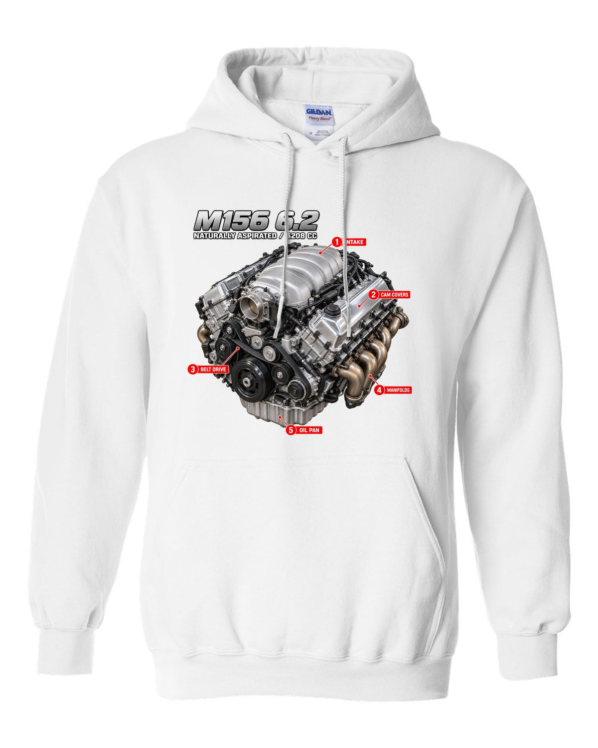 print of the Mercedes W204 C63 M156 6.2 V8 engine with text naturally aspirated 6208 cc white pull over hoodie front view with the design