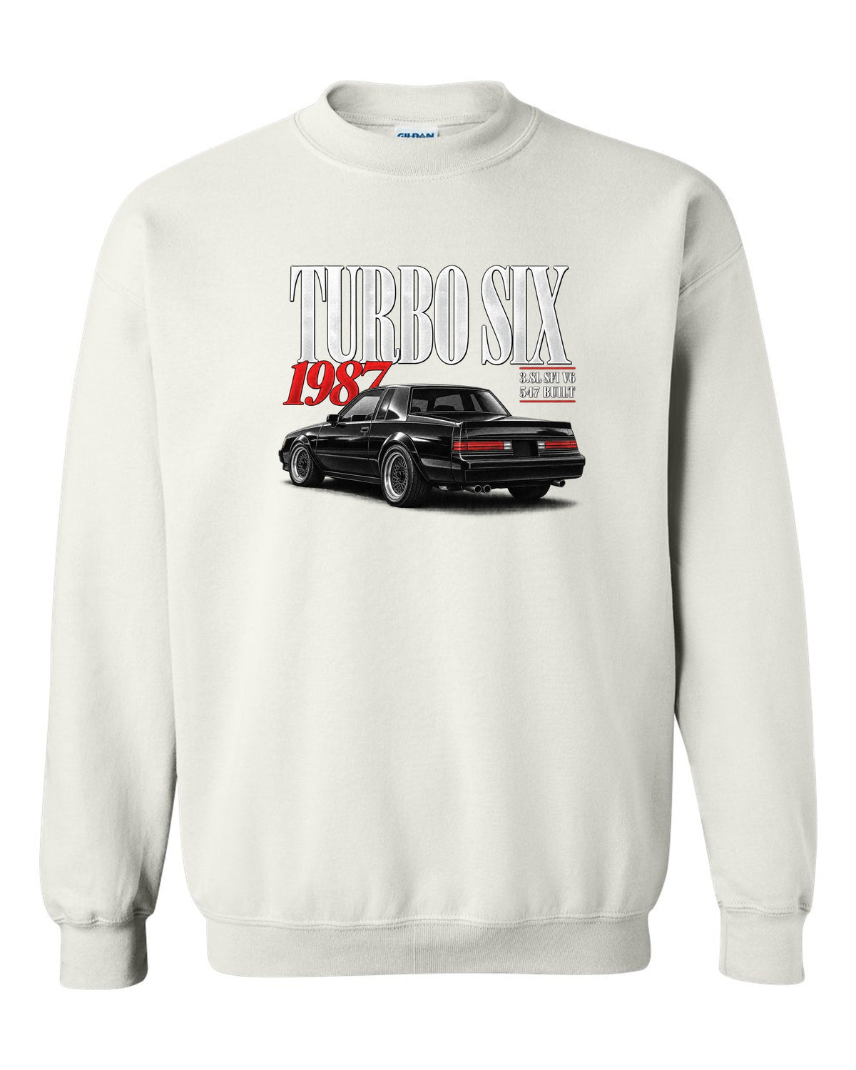 Editorial archive print for a 1987 Buick Regal Grand National GNX with turbo six text white crewneck front view with the design