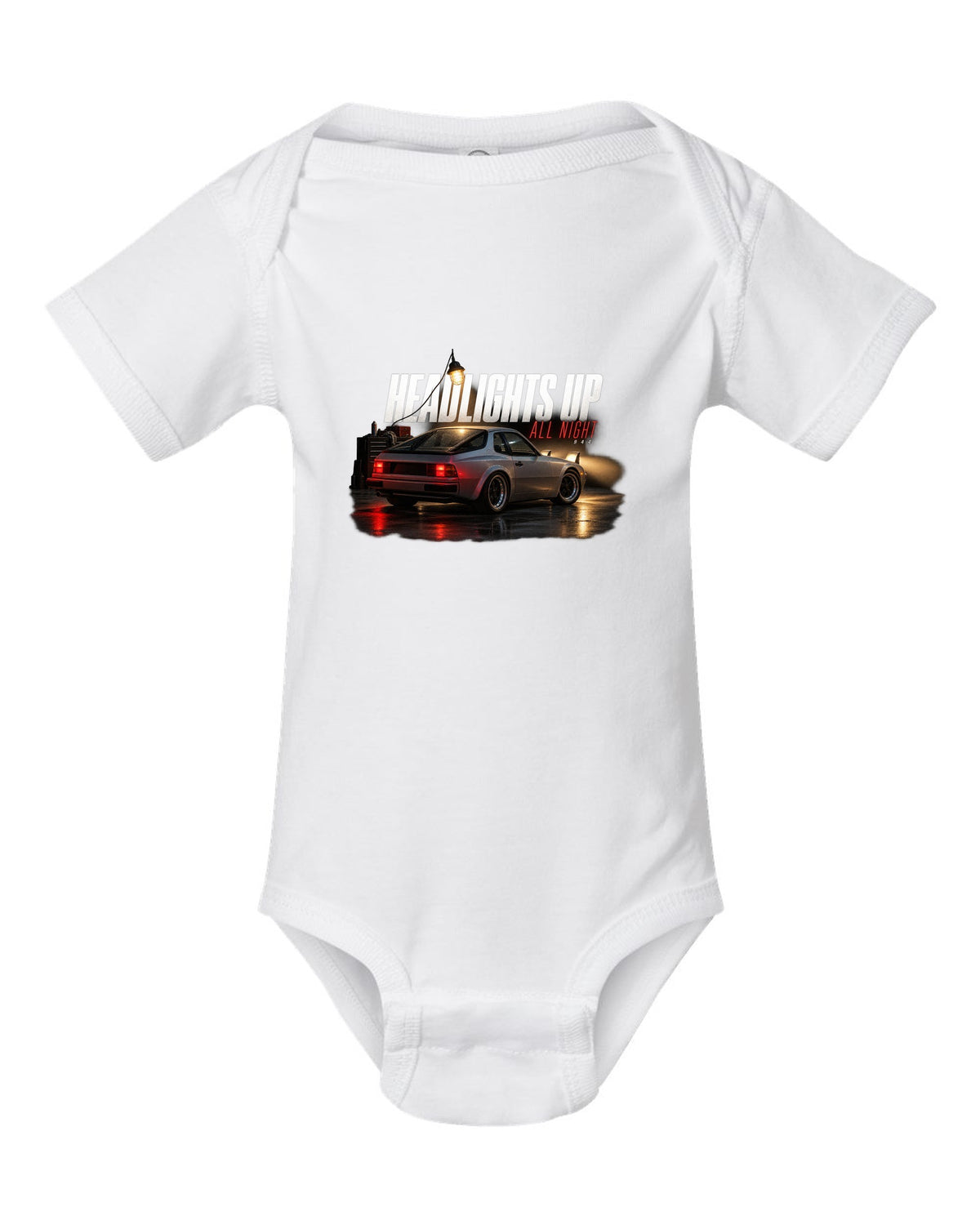 Garage night print of an early Porsche 944 with pop-up headlights raised white baby onesie front view with the design