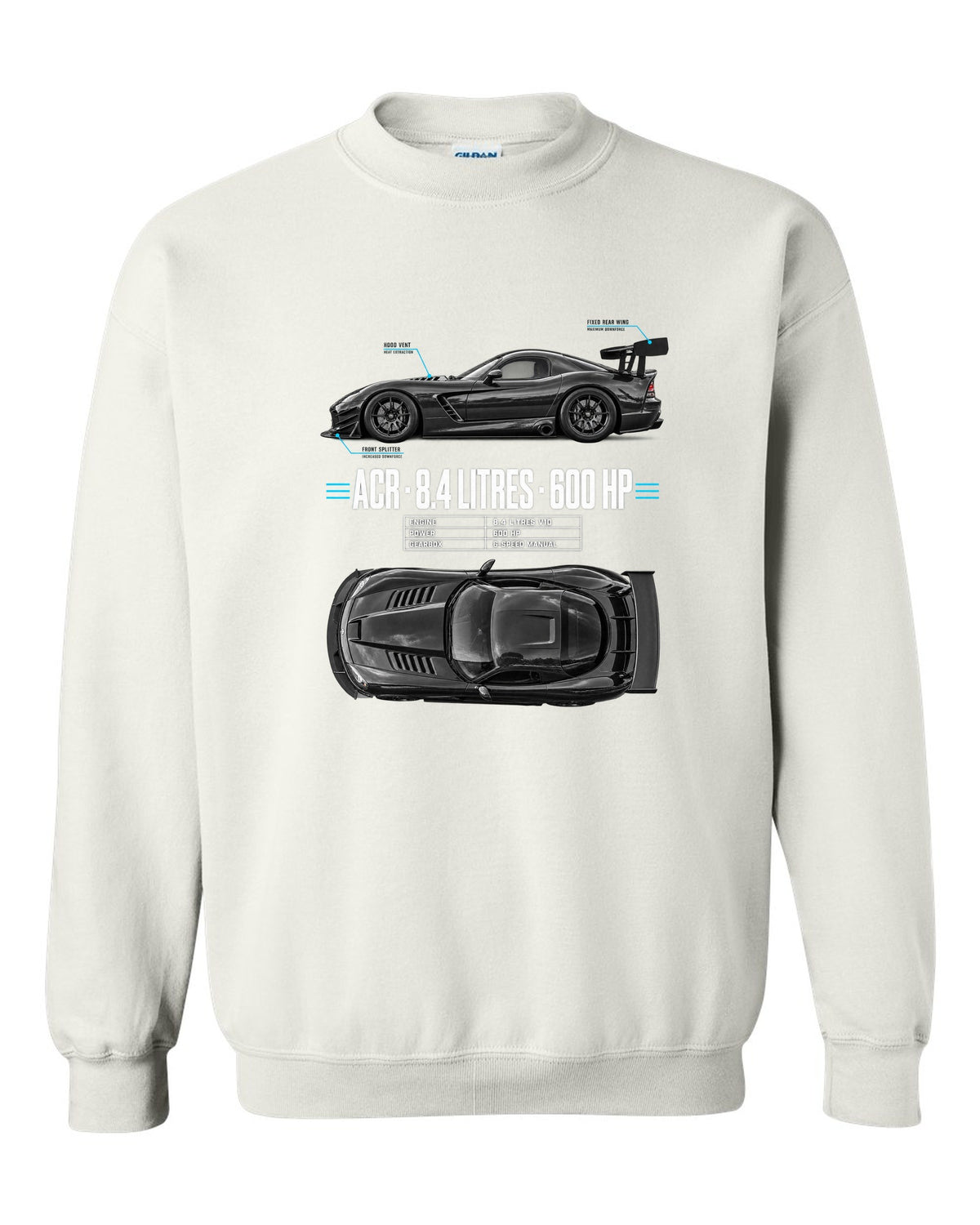 2008 Dodge Viper ACR ZB II top-down and profile spec poster print white crewneck front view with the design