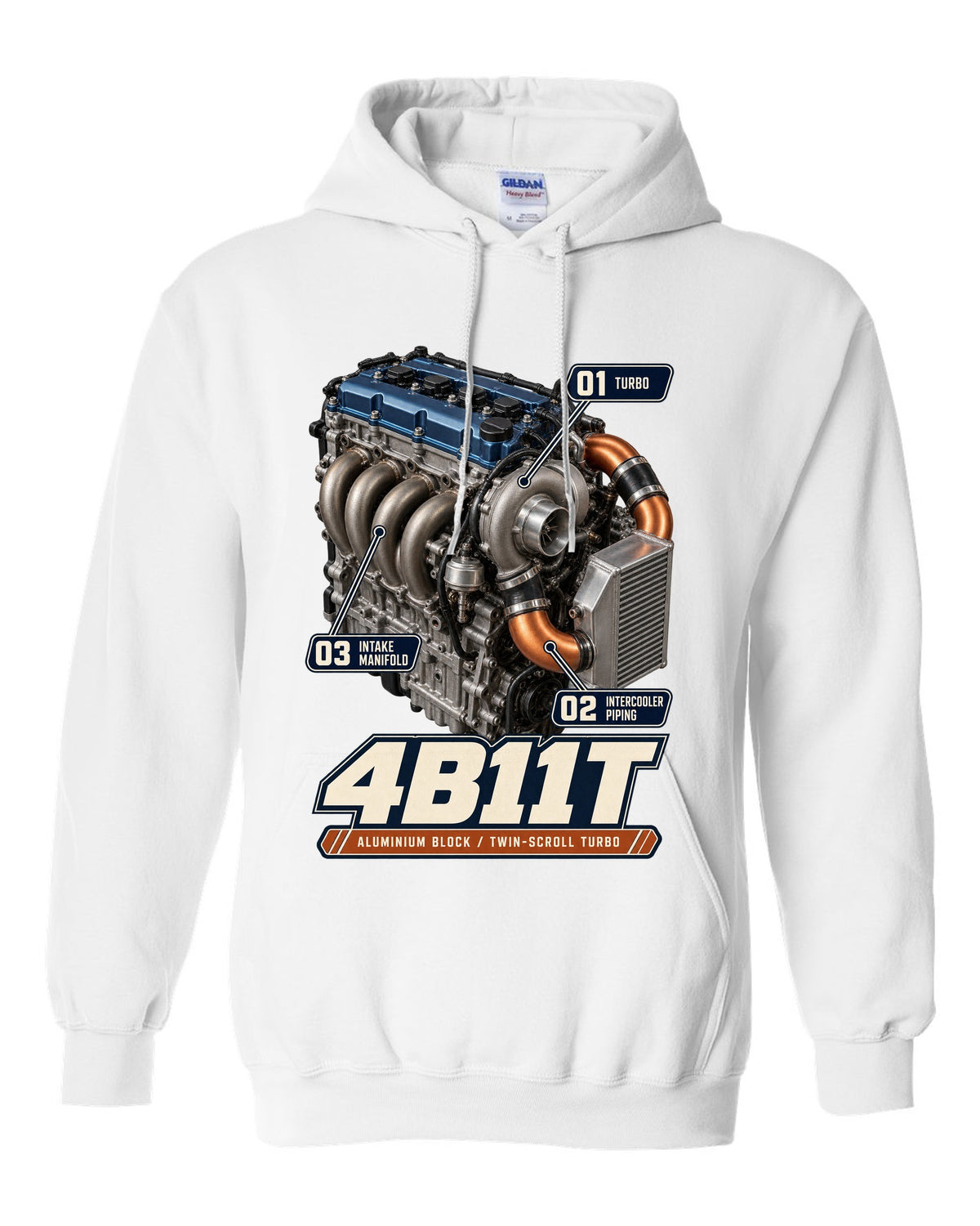 Mitsubishi Lancer Evolution X 4B11T engine bay poster print white pull over hoodie front view with the design