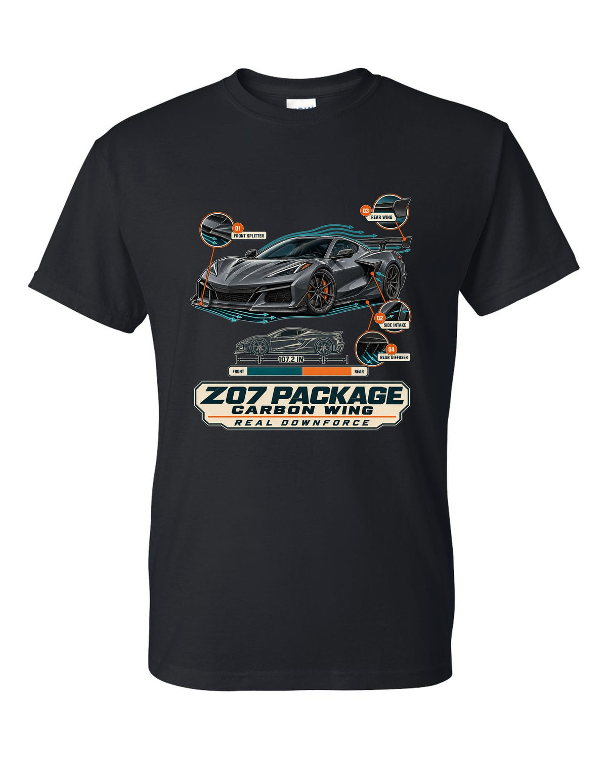 Aero callouts print of a Chevrolet Corvette C8 Z06 with Z07 package and carbon wing black t-shirt front view with the design