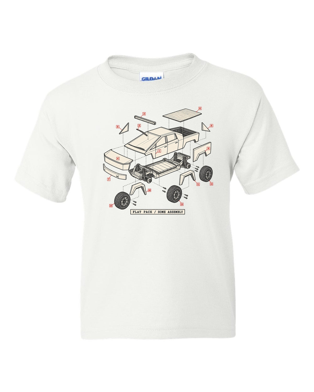 Isometric exploded-view patent drawing of a 2023 Tesla Cybertruck with the words Flat Pack Some Assembly white kids tee front view with the design
