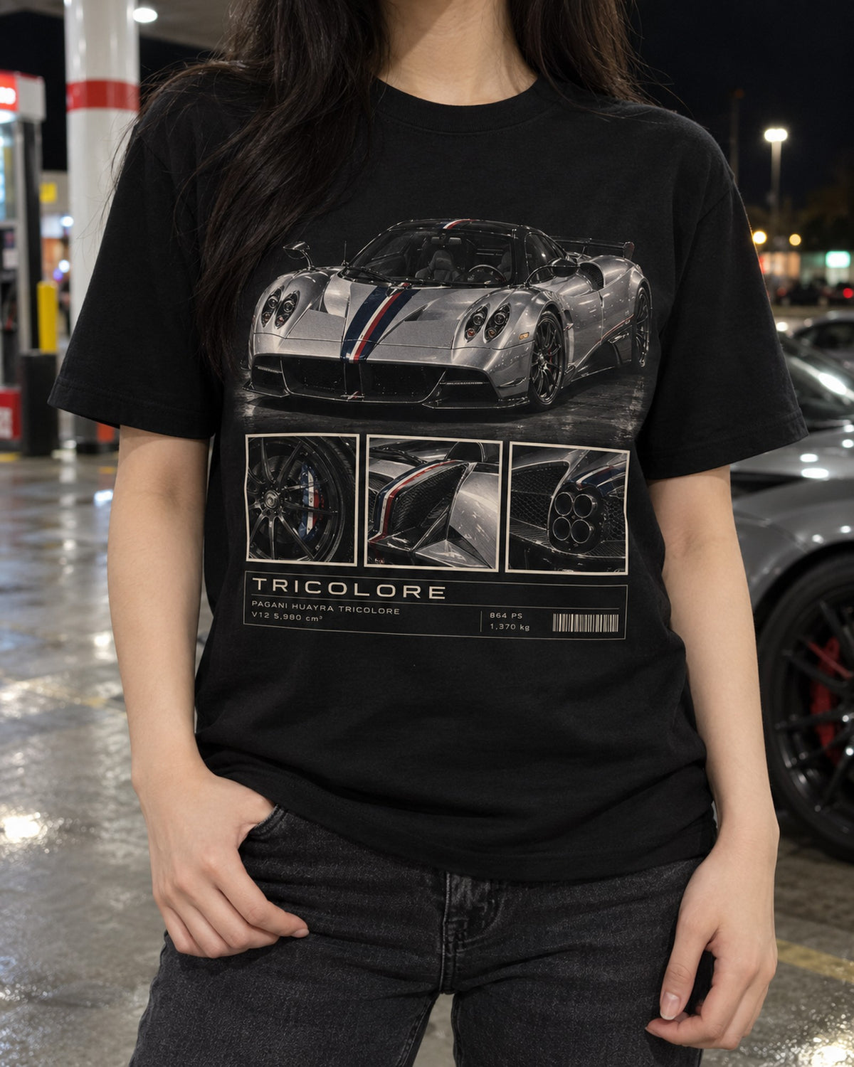 Pagani Huayra Tricolore Dossier Shirt, Three Built Tee T-Shirt Black worn hero