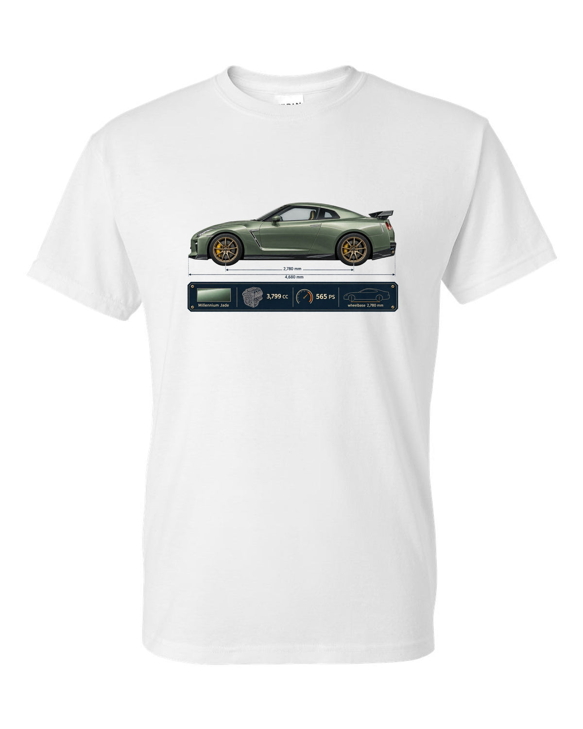 Nissan GT-R R35 T-spec Millennium Jade blueprint print white t-shirt front view with the design