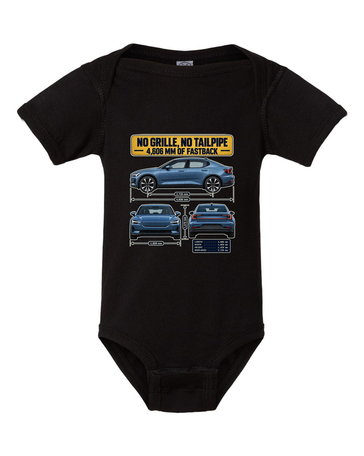 Three-view spec table print of a Polestar 2 fastback 2020-2023 black baby onesie front view with the design