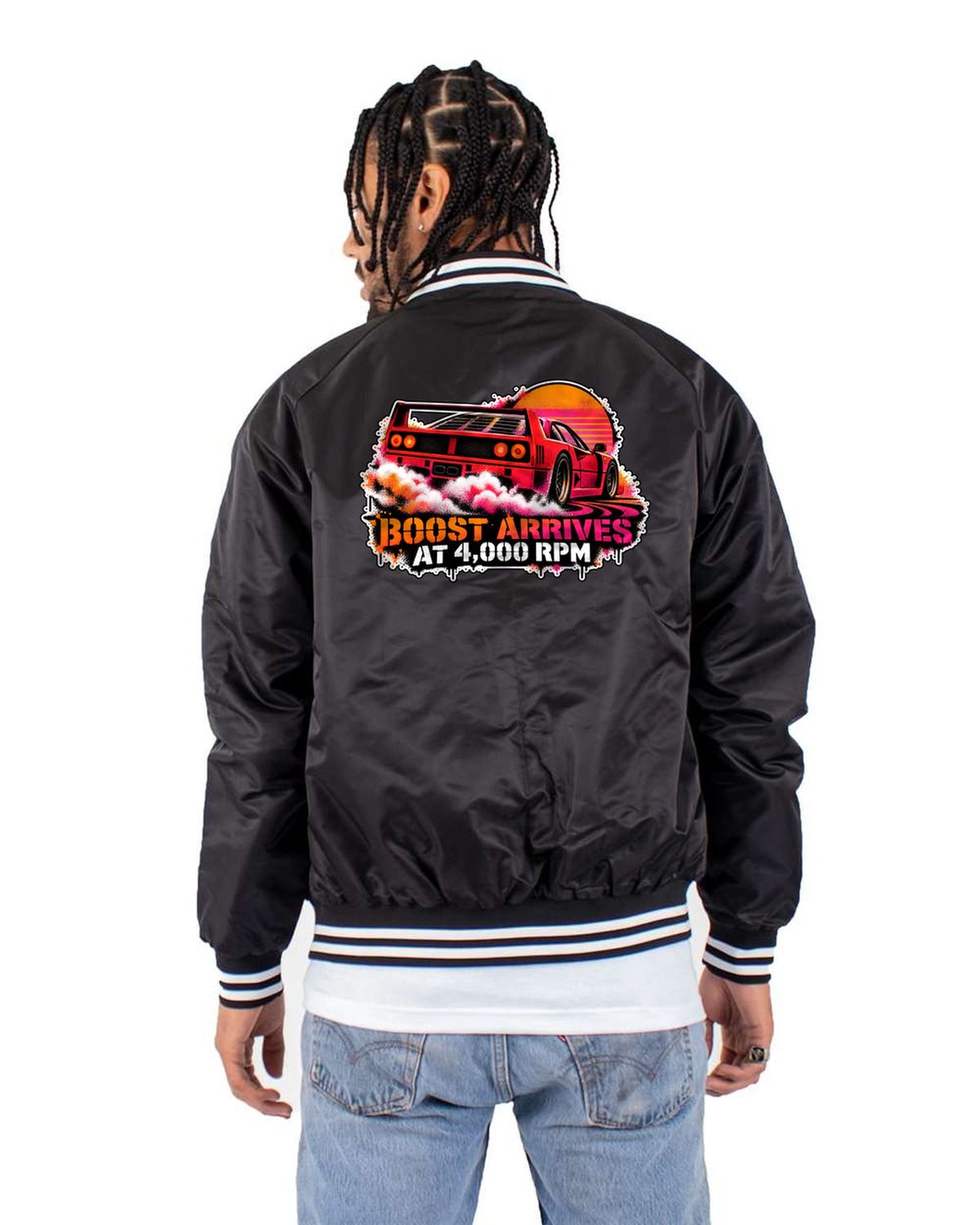 Ferrari F40 Boost Arrives At 4,000 RPM Stencil Street Art Tee Bomber Jacket Black back