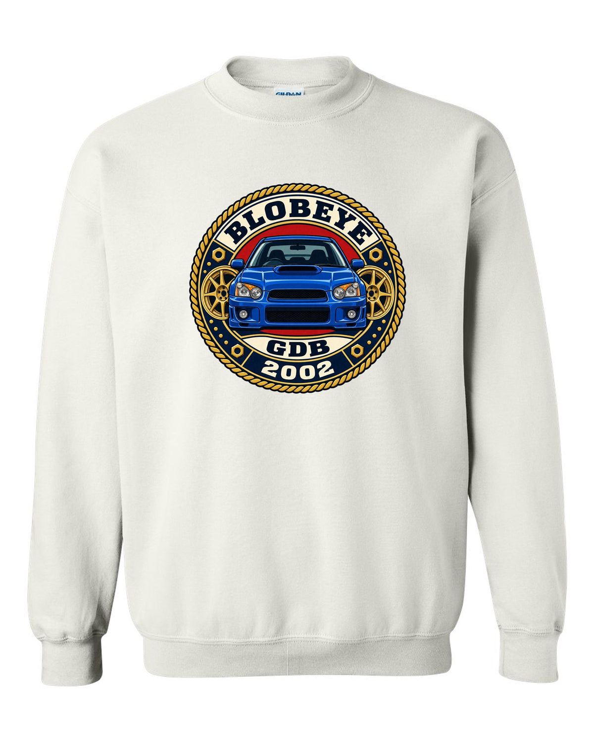 Subaru Impreza WRX GDB Blobeye round varsity crest print, BLOBEYE / GDB / 2002 white crewneck front view with the design