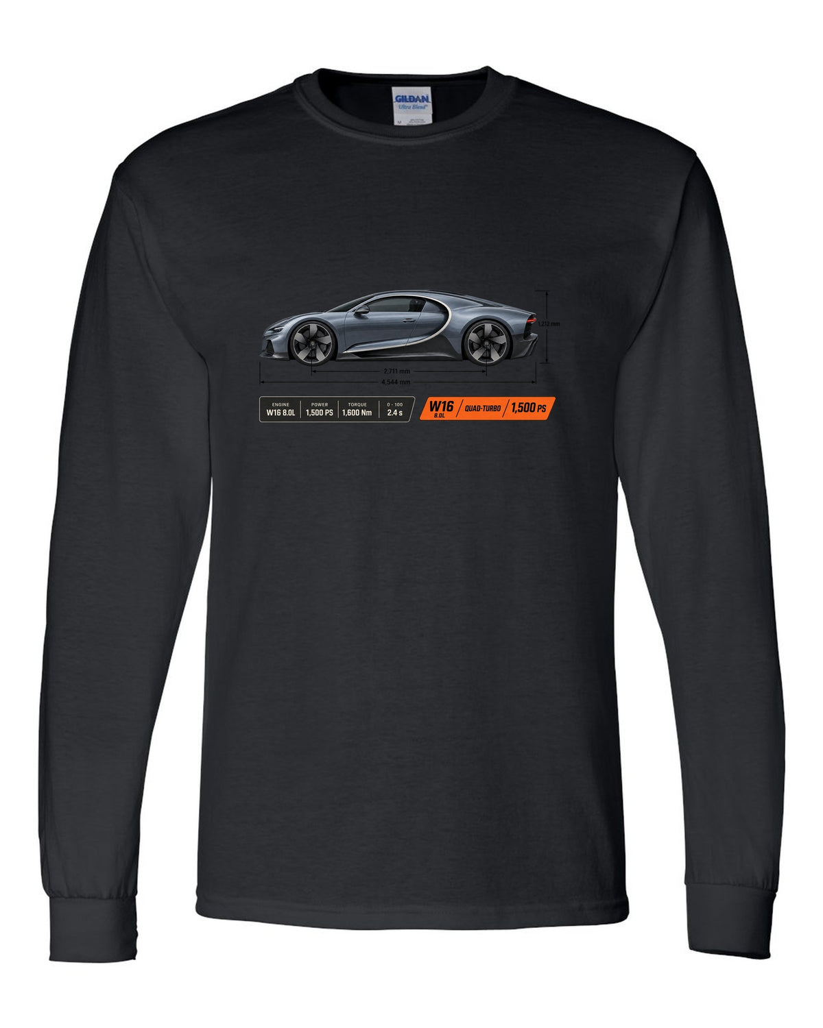Bugatti Chiron W16 Dimension Blueprint black long sleeve front view with the design