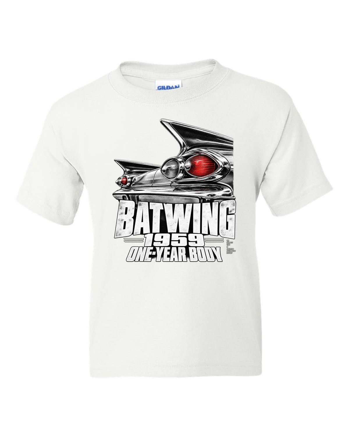 1959 Impala rear batwing taillight macro print with one-year body text white kids tee front view with the design