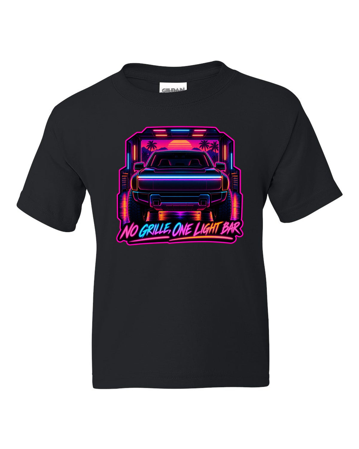 Ford F-150 Lightning neon synthwave glow print with no grille and one light bar text black kids tee front view with the design
