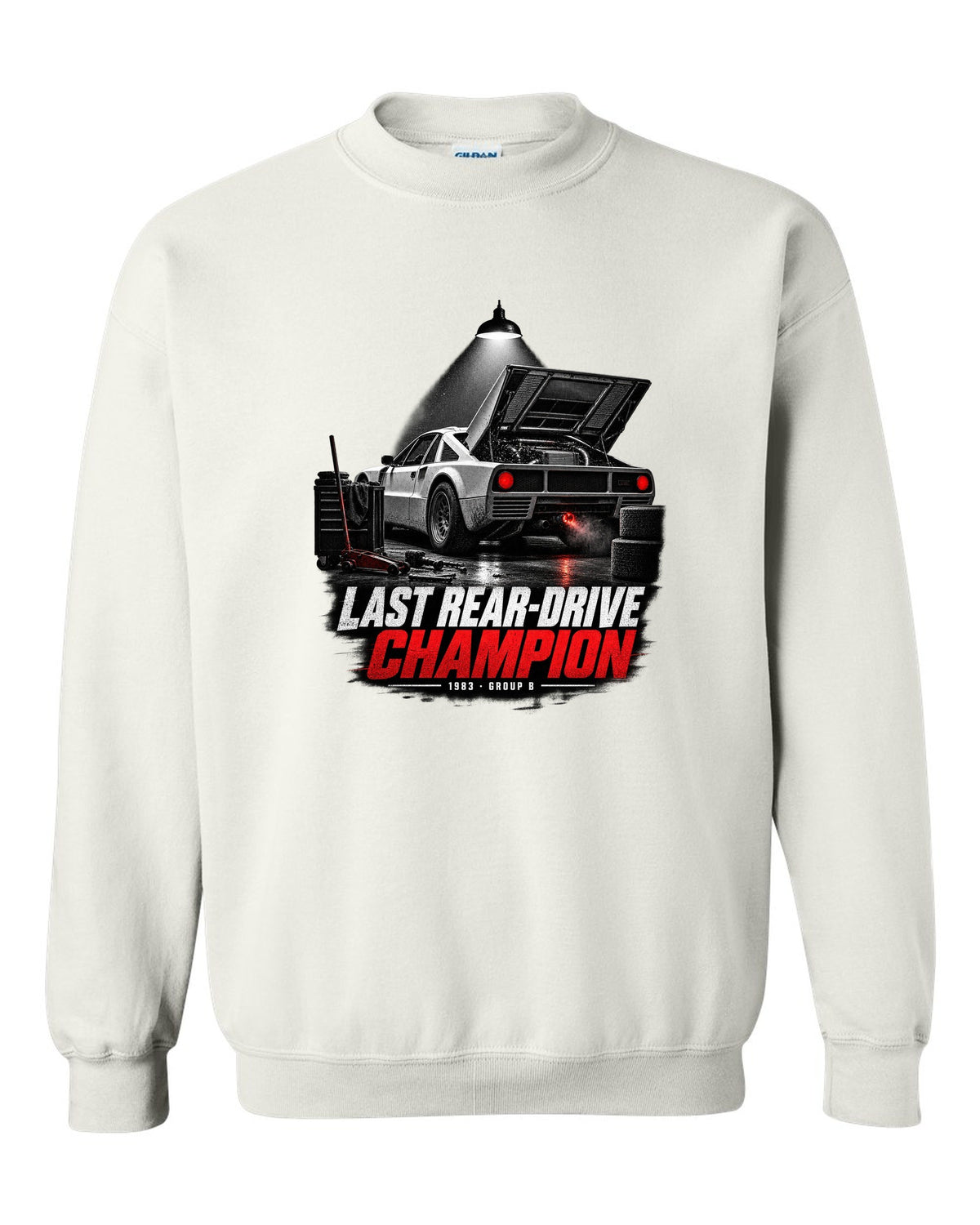Garage night print of a Lancia Rally 037 with Last Rear-Drive Champion text white crewneck front view with the design