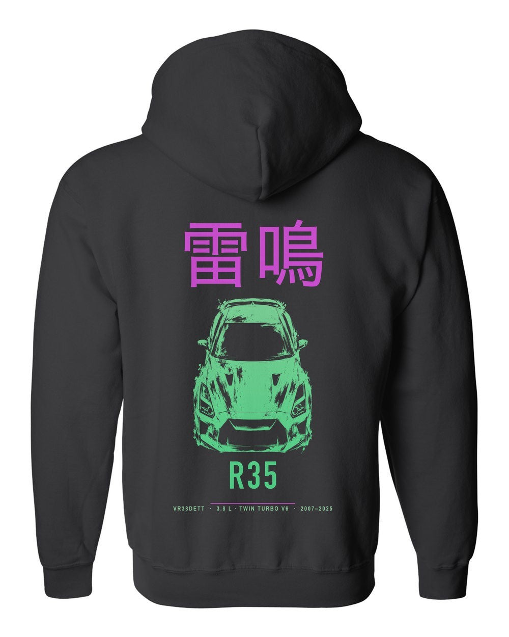 R35 full-back artwork black zip hoodie back view with the design