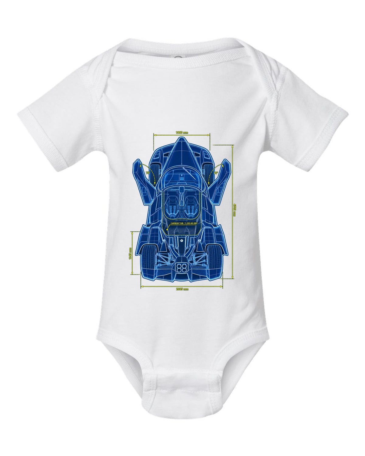 Technical top-plan blueprint print of a 2002 Ferrari Enzo F140 with carbon tub and 1,255 KG dry text white baby onesie front view with the design