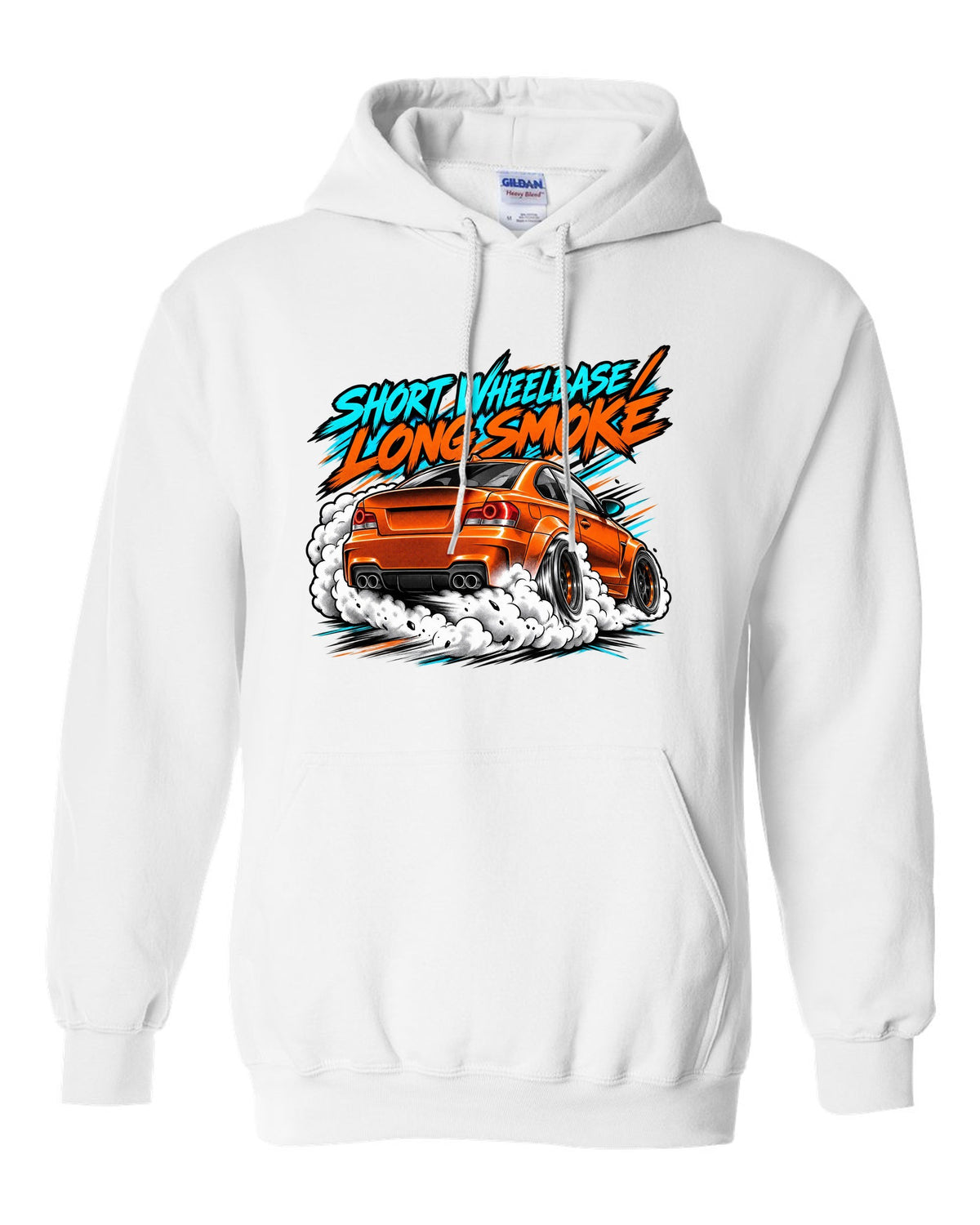 Retro manga halftone panel print of a BMW 1 Series M Coupe E82 burnout white pull over hoodie front view with the design