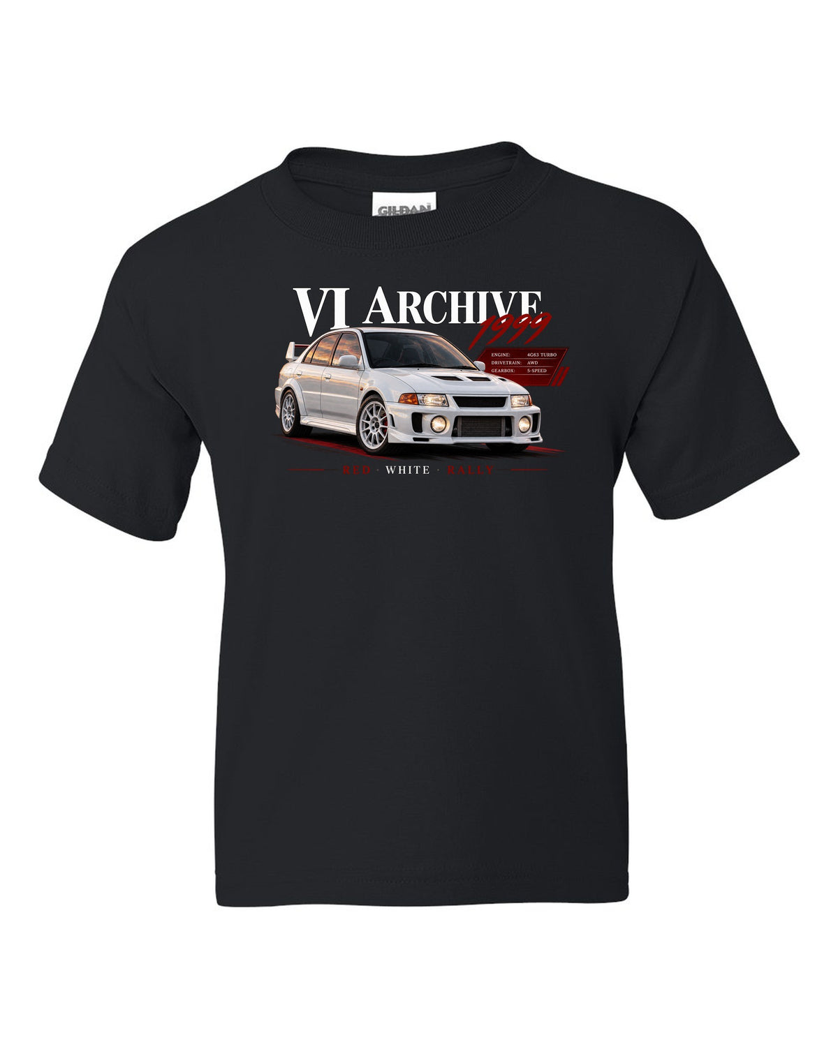 Archive panel print for the Mitsubishi Lancer Evolution VI CP9A listing 4G63 turbo, AWD, 5-speed, red white rally black kids tee front view with the design