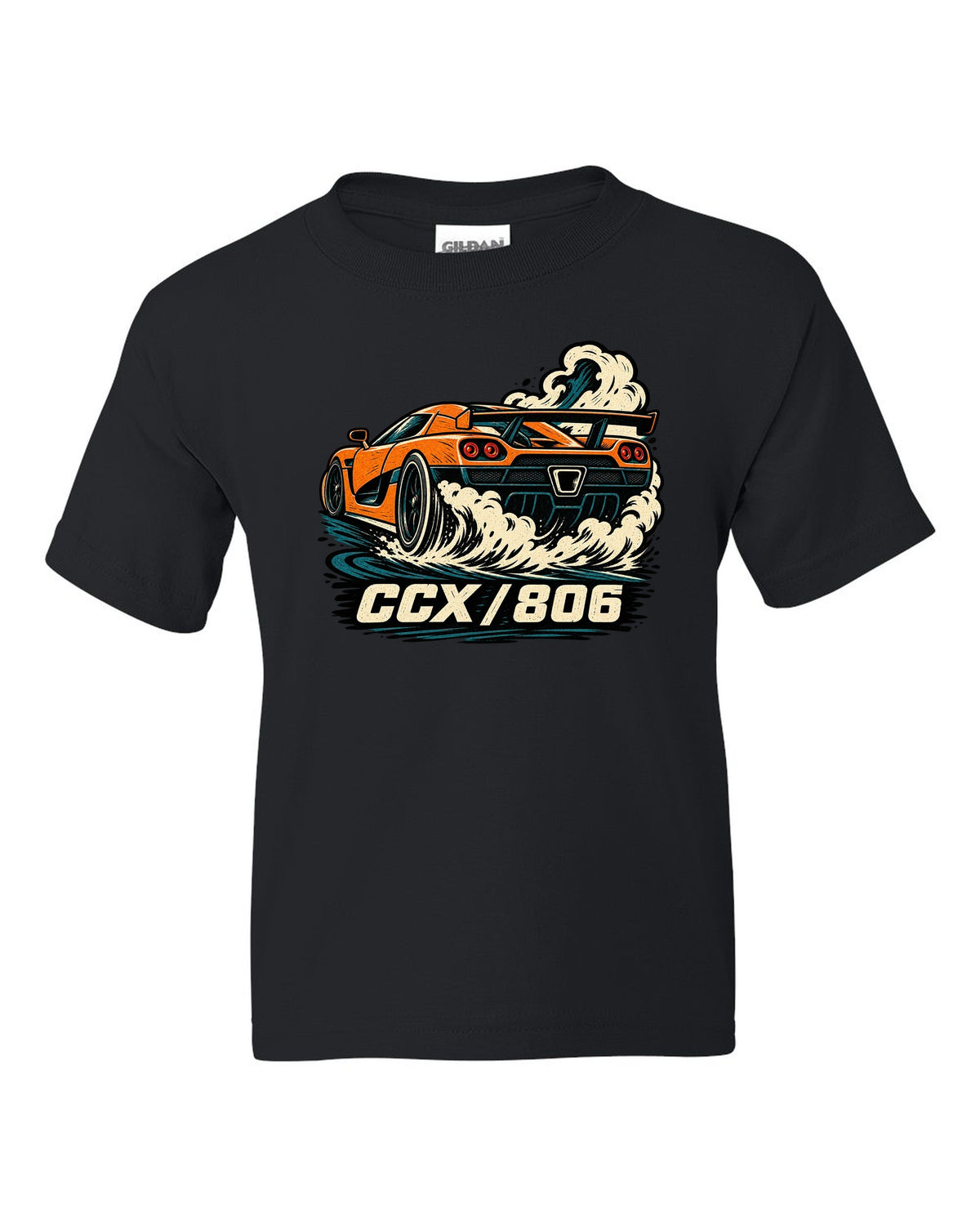 Linocut style illustration of a Koenigsegg CCX doing a burnout with CCX 806 lettering black kids tee front view with the design