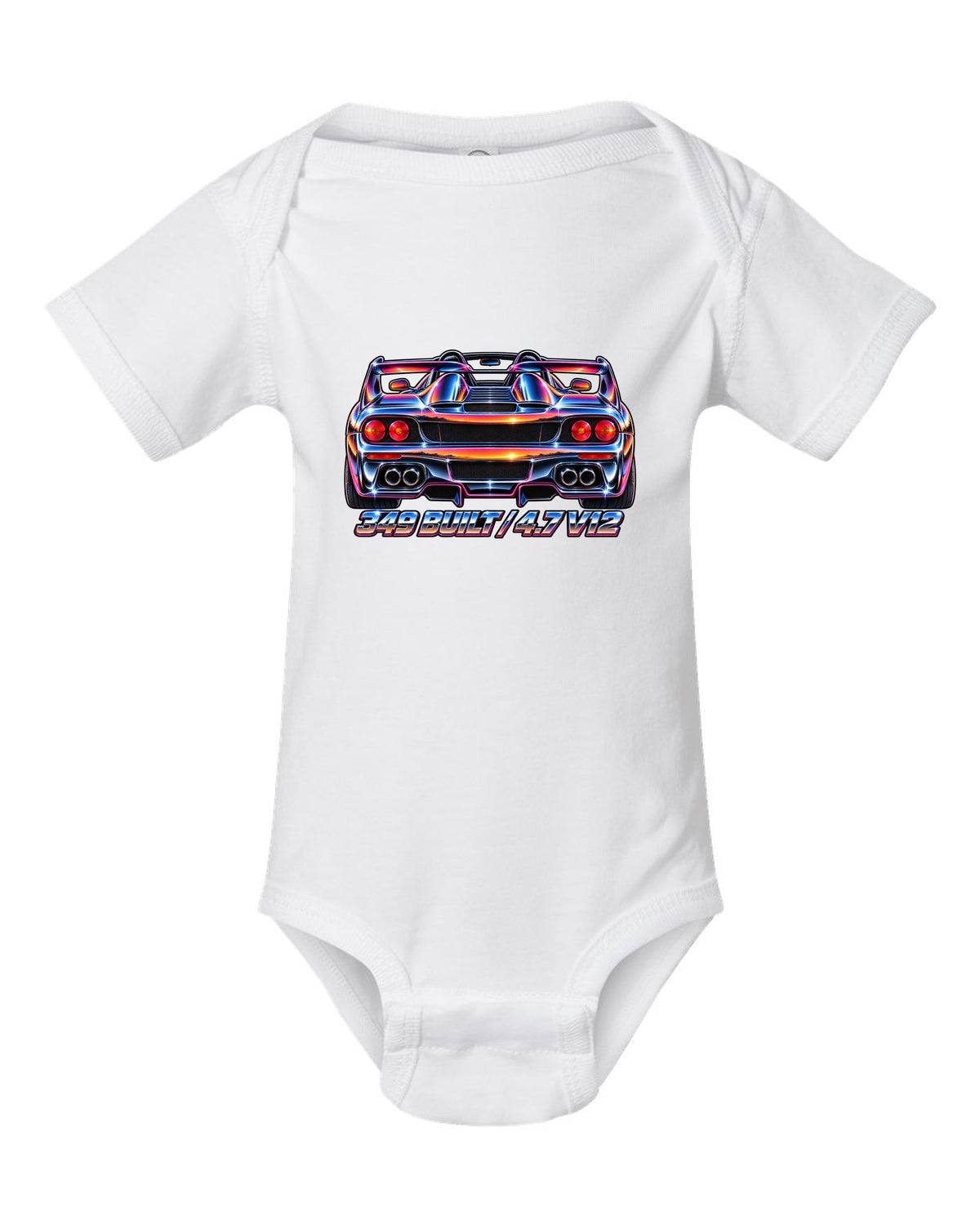1980s airbrush chrome rear view print of a 1995 Ferrari F50 F130 with 349 built and 4.7 V12 text white baby onesie front view with the design